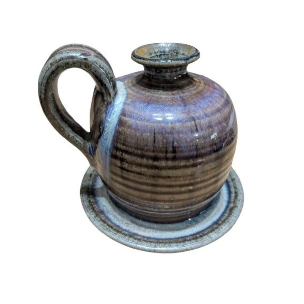 Charlotte Lee Pottery Candle Holder Oil Lamp Signed (C Lee) Abstract Glaze 4 in